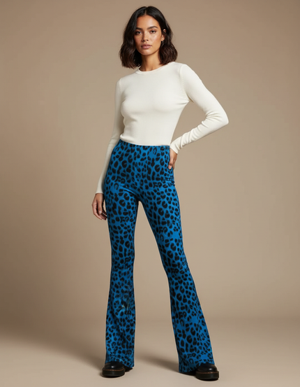 Pantalon Patte D'Éléphant Léopard Bleu Imprimé Taille Haute - Maille