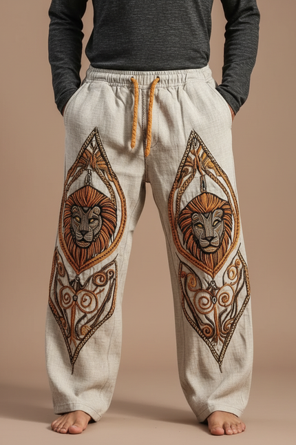 Pantalon Patte D'Éléphant Beige Brodé Lion Ethnique Ample Homme - Lin