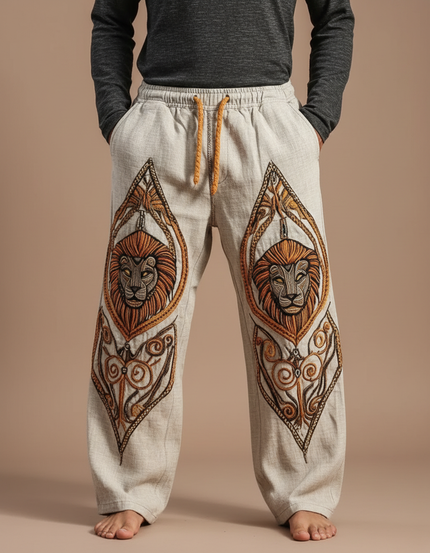 Pantalon Patte D'Éléphant Beige Brodé Lion Ethnique Ample Homme - Lin