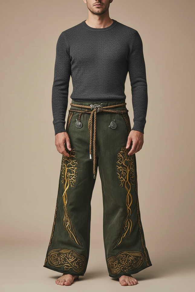 Pantalon Patte D'Éléphant Vert Brodé Arbre Celtique Ample - Cordé