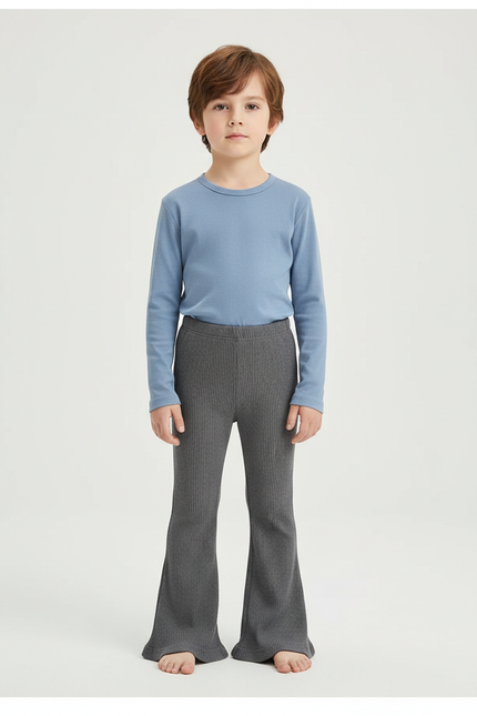 Pantalon Patte D'Éléphant Côtelé Gris Confortable Évasé Enfant - Maille