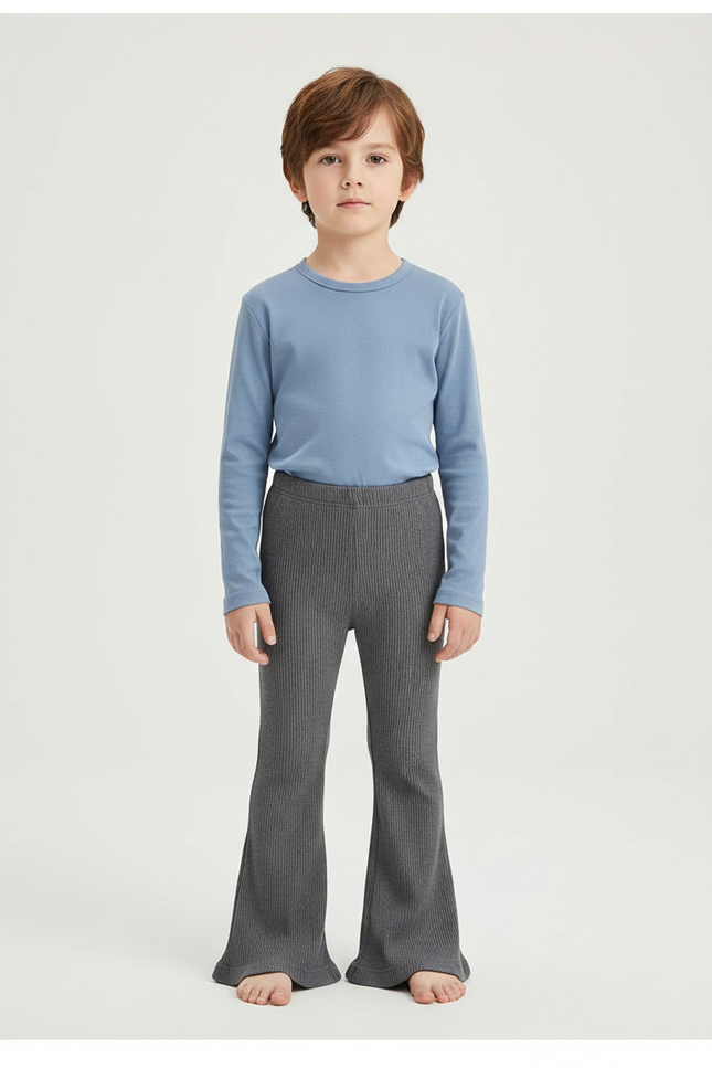Pantalon Patte D'Éléphant Côtelé Gris Confortable Évasé Enfant - Maille