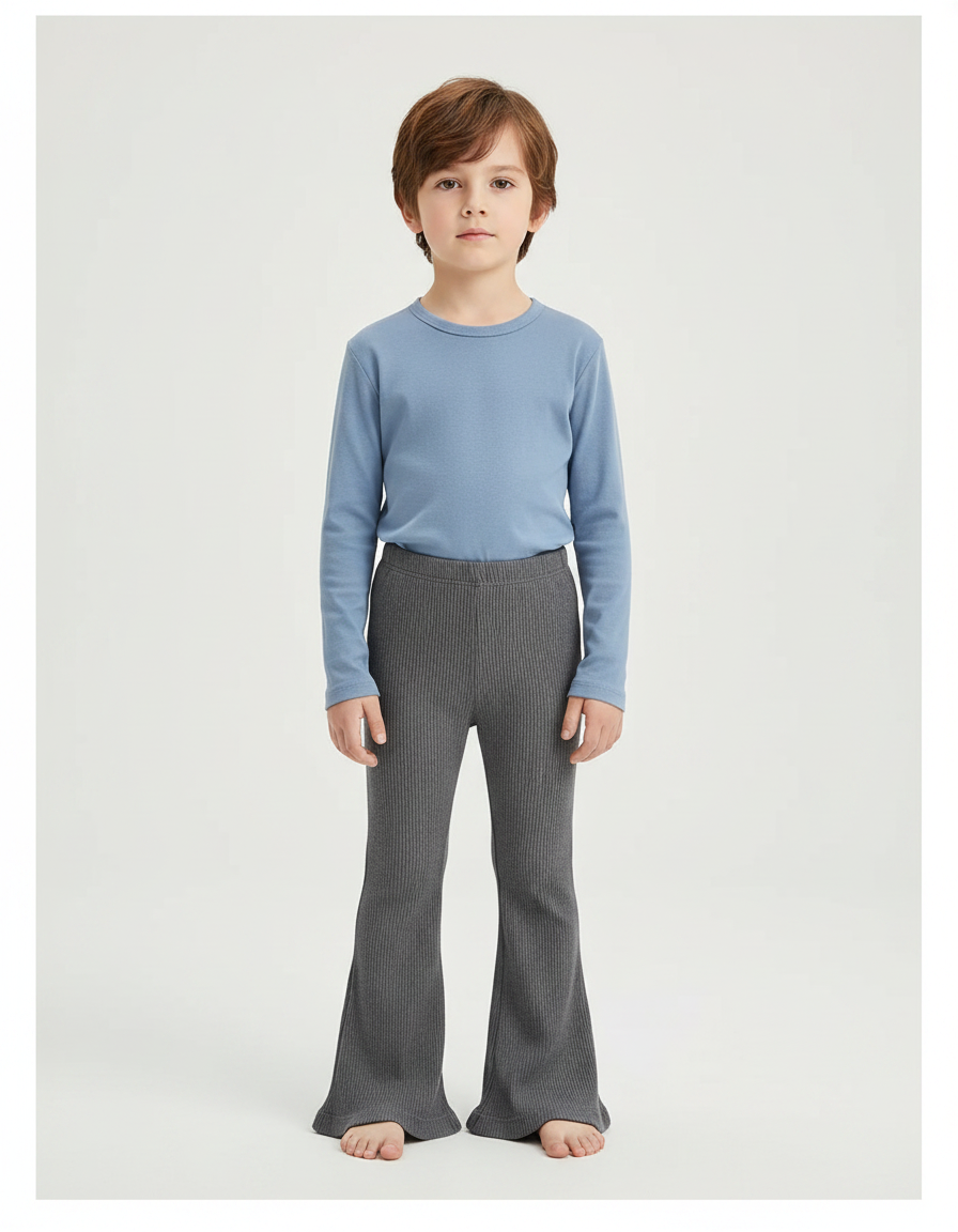 Pantalon Patte D'Éléphant Côtelé Gris Confortable Évasé Enfant - Maille