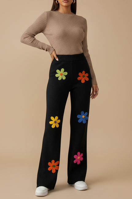 Pantalon Patte D'Éléphant Noir Brodé Fleurs Laine Ample - Maille