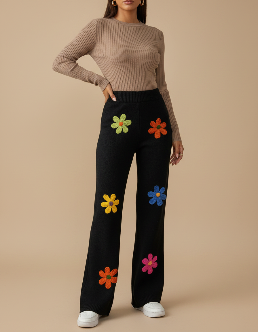 Pantalon Patte D'Éléphant Noir Brodé Fleurs Laine Ample - Maille