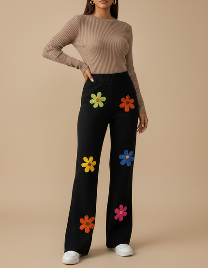 Pantalon Patte D'Éléphant Noir Brodé Fleurs Laine Ample - Maille
