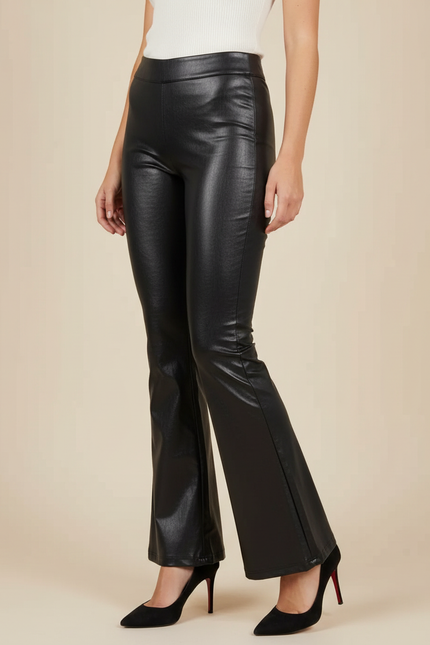 Pantalon Patte D'Éléphant Noir Brillant Similicuir Taille Haute - Simili cuir