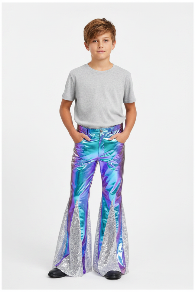 Pantalon Patte D'Éléphant Holographique Paillettes Argentées Enfant - Multicolore Simili cuir