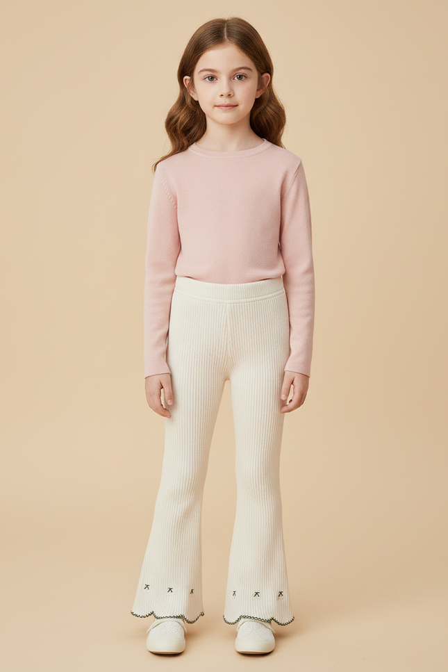 Pantalon Patte D'Éléphant Côtelé Écru Brodé Scallop Fille - Beige Maille