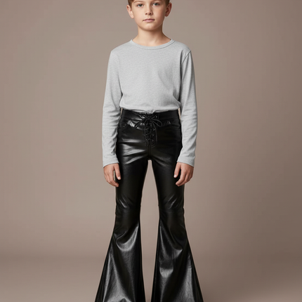 Pantalon Patte D'Éléphant Similicuir Noir Évasé Lacets Enfant - Simili cuir