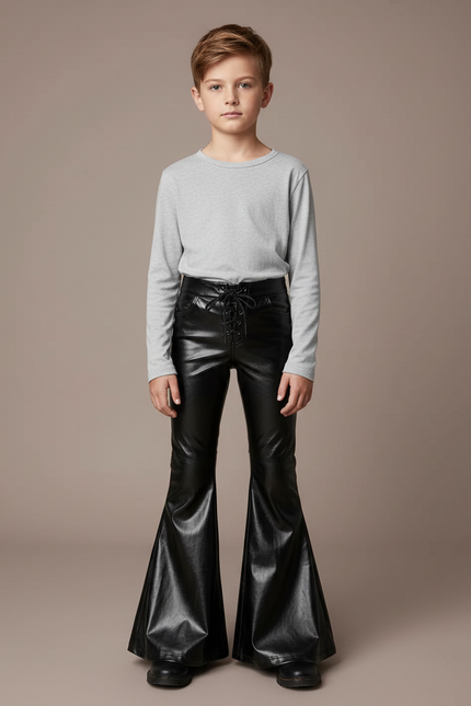 Pantalon Patte D'Éléphant Similicuir Noir Évasé Lacets Enfant - Simili cuir