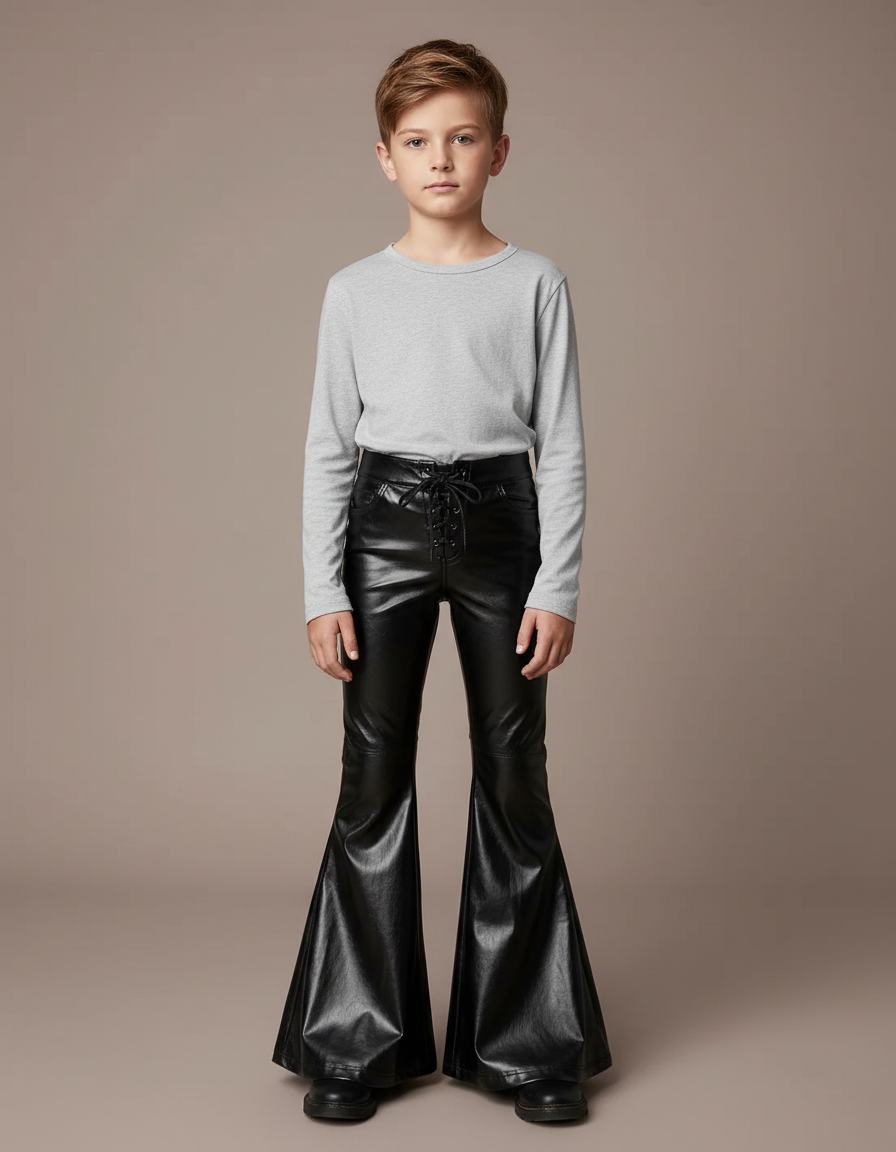 Pantalon Patte D'Éléphant Similicuir Noir Évasé Lacets Enfant - Simili cuir