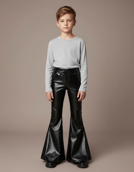 Pantalon Patte D'Éléphant Similicuir Noir Évasé Lacets Enfant - Simili cuir