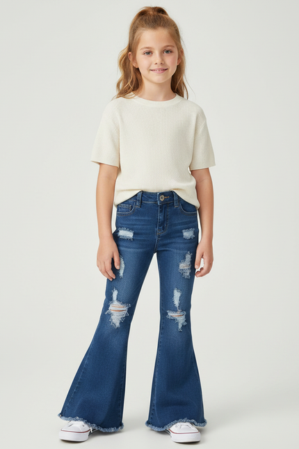 Pantalon Patte D'Éléphant Denim Bleu Déchiré Fille - Jean
