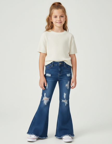 Pantalon Patte D'Éléphant Denim Bleu Déchiré Fille - Jean