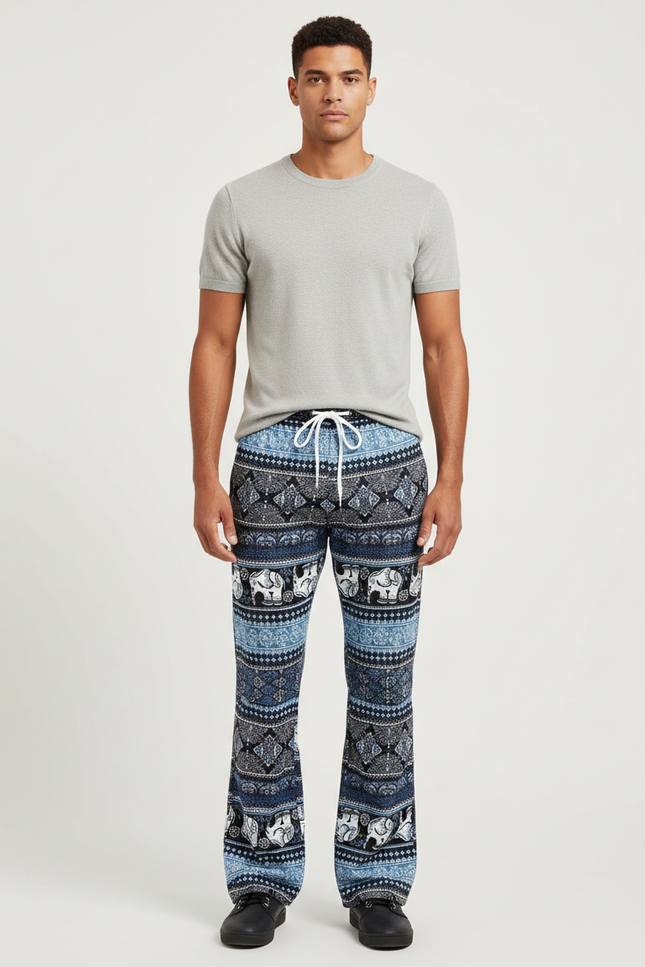 Pantalon Patte D'Éléphant Bleu Imprimé Ethnique Ample Confortable - Viscose