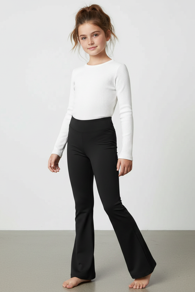 Pantalon Patte D'Éléphant Noir Uni Taille Haute Ample - Polyester