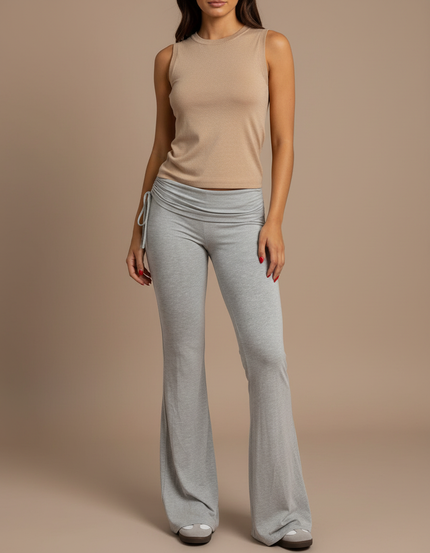 Pantalon Patte D'Éléphant Gris Taille Haute Cordon Fluide - Maille