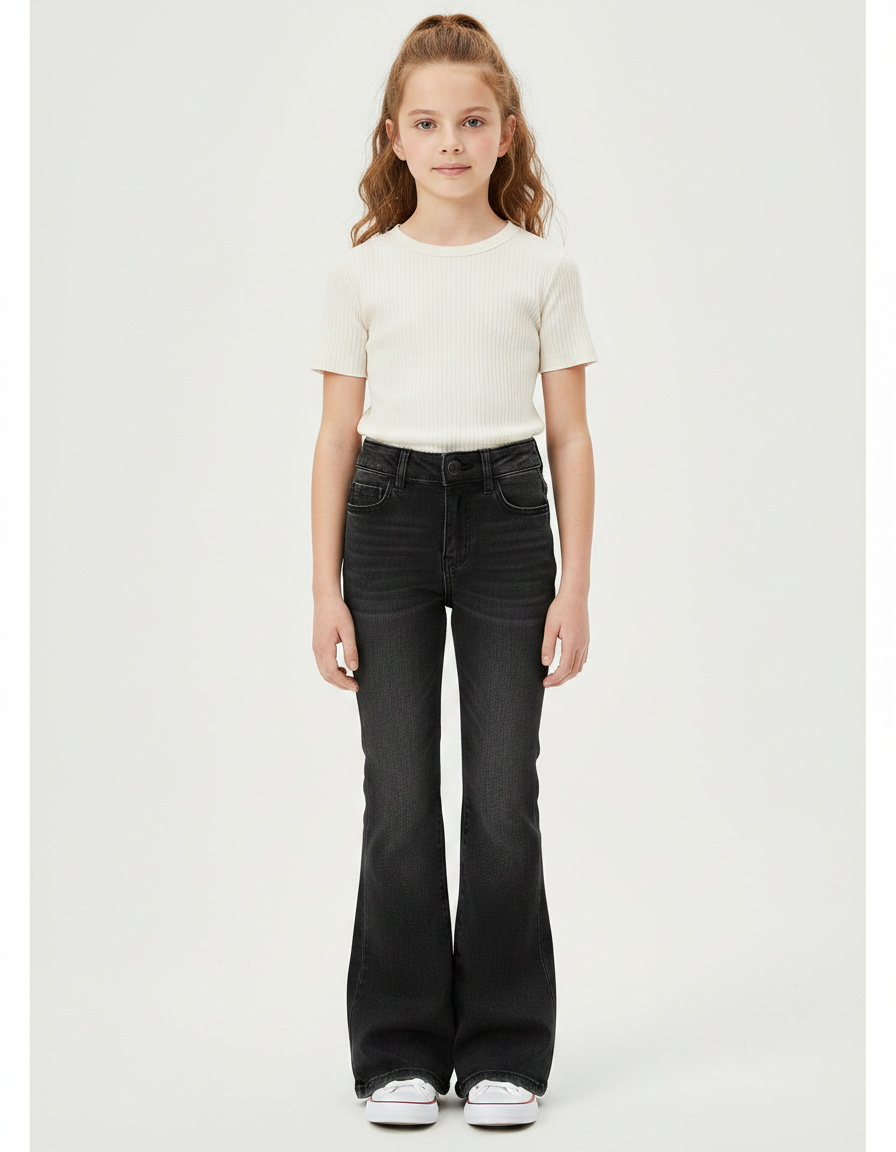 Pantalon Patte D'Éléphant Noir Denim Évasé Taille Haute Fille - Jean