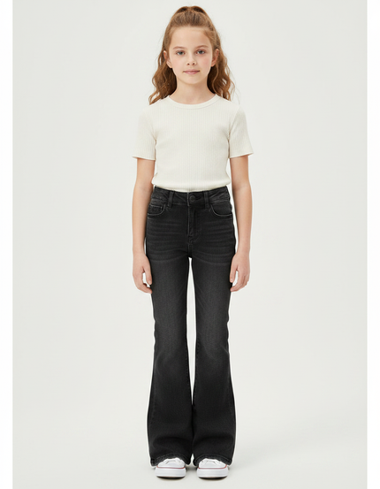 Pantalon Patte D'Éléphant Noir Denim Évasé Taille Haute Fille - Jean