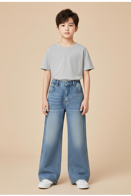 Pantalon Patte D'Éléphant Denim Bleu Ample Garçon Tendance - Jean