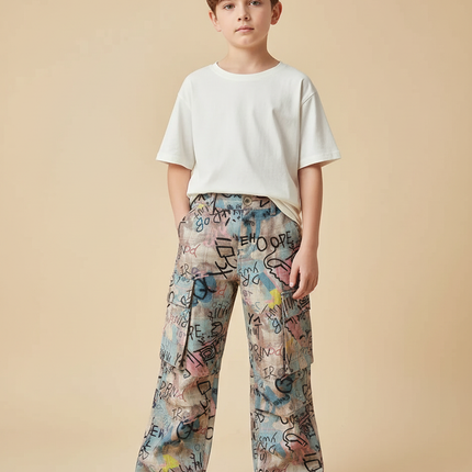 Pantalon Patte D'Éléphant Imprimé Graffiti Ample Garçon Décontracté - Lin
