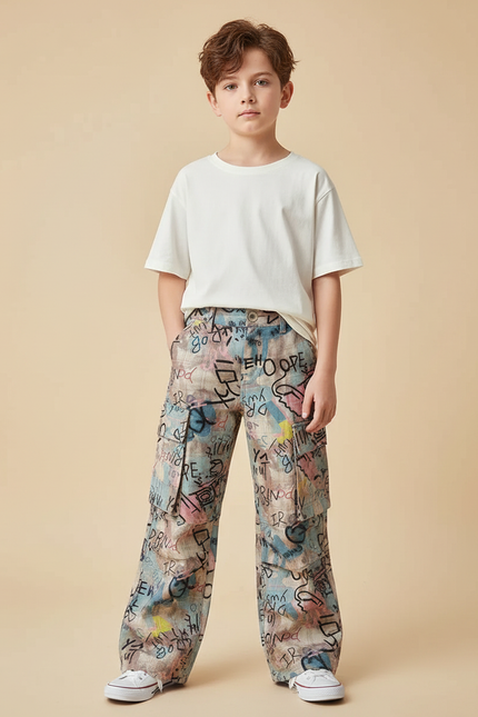 Pantalon Patte D'Éléphant Imprimé Graffiti Ample Garçon Décontracté - Lin