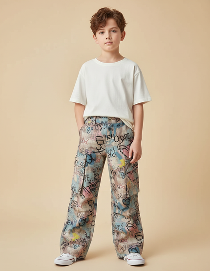 Pantalon Patte D'Éléphant Imprimé Graffiti Ample Garçon Décontracté - Lin