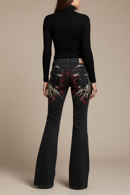 Pantalon Patte D'Éléphant Noir Imprimé Gothique Vintage Ample - Jean