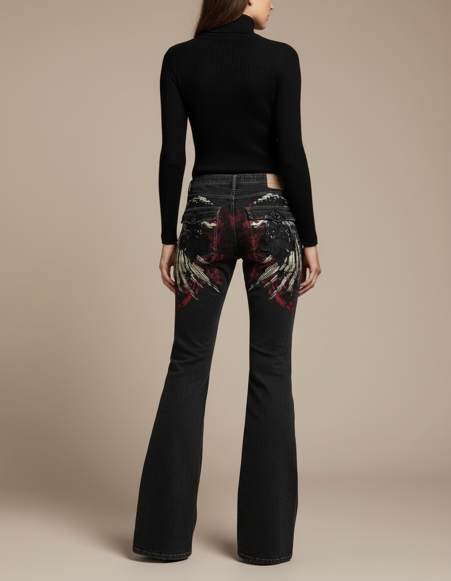 Pantalon Patte D'Éléphant Noir Imprimé Gothique Vintage Ample - Jean
