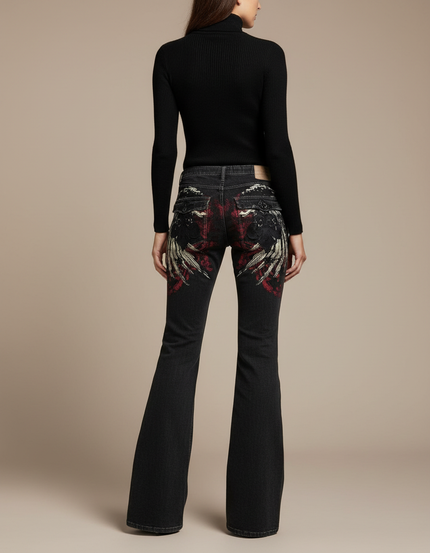 Pantalon Patte D'Éléphant Noir Imprimé Gothique Vintage Ample - Jean