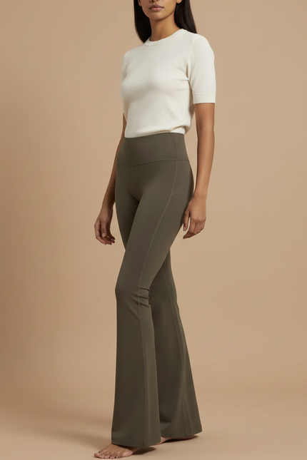 Pantalon Patte D'Éléphant Vert Kaki Taille Haute Évasé Confortable - Polyester