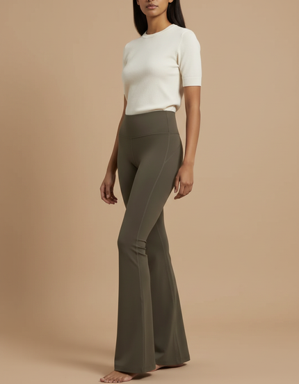 Pantalon Patte D'Éléphant Vert Kaki Taille Haute Évasé Confortable - Polyester