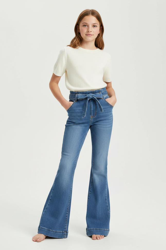 Pantalon Patte D'Éléphant Bleu Denim Évasé Taille Haute - Jean