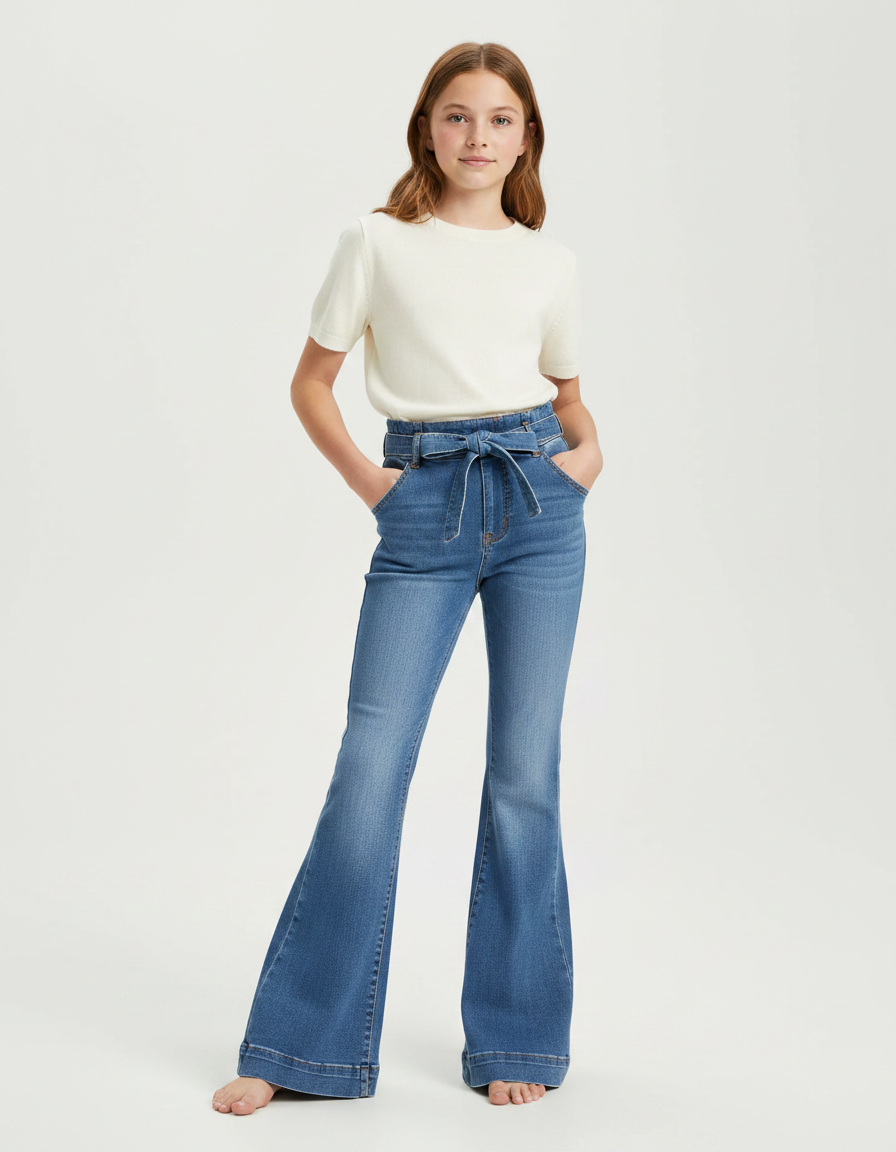 Pantalon Patte D'Éléphant Bleu Denim Évasé Taille Haute - Jean