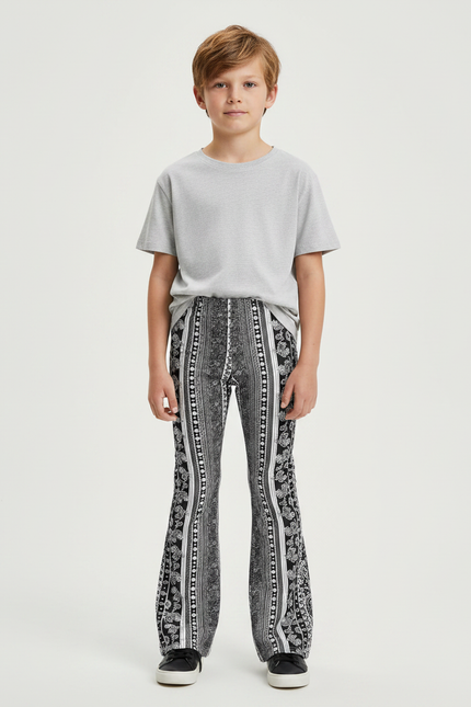 Pantalon Patte D'Éléphant Imprimé Paisley Noir Blanc Ajusté - Maille