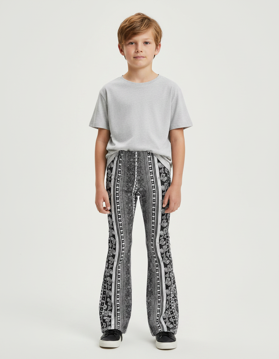 Pantalon Patte D'Éléphant Imprimé Paisley Noir Blanc Ajusté - Maille