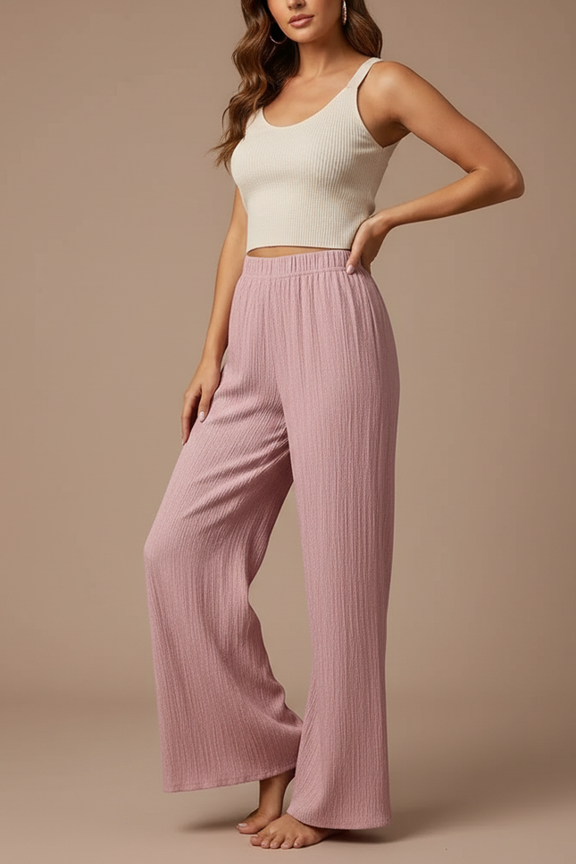 Pantalon Patte D'Éléphant Rose Plissé Ample Décontracté Fluide - Viscose