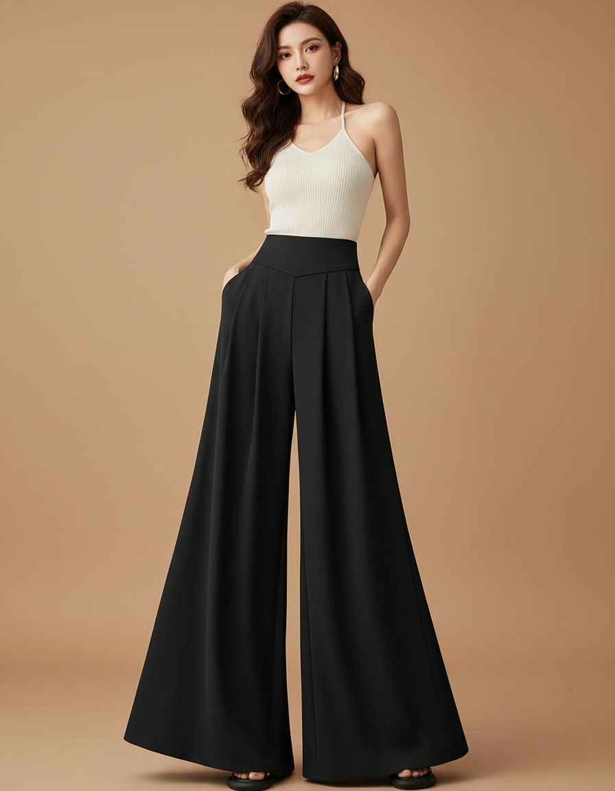 Pantalon Noir Taille Haute Patte D'éléphant - Polyester