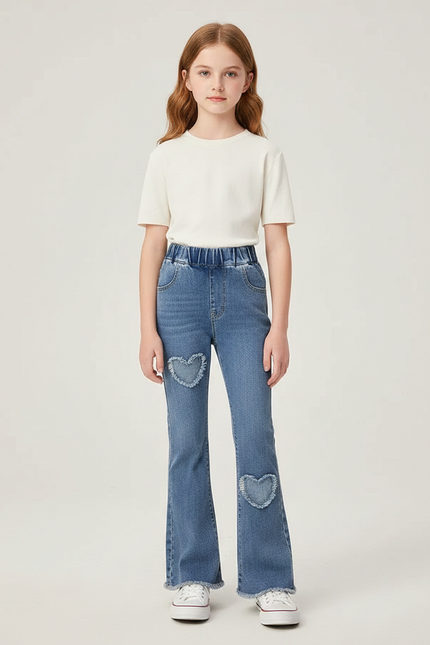 Pantalon Patte D'Éléphant Denim Cœurs Brodés Taille Élastique - Bleu Jean