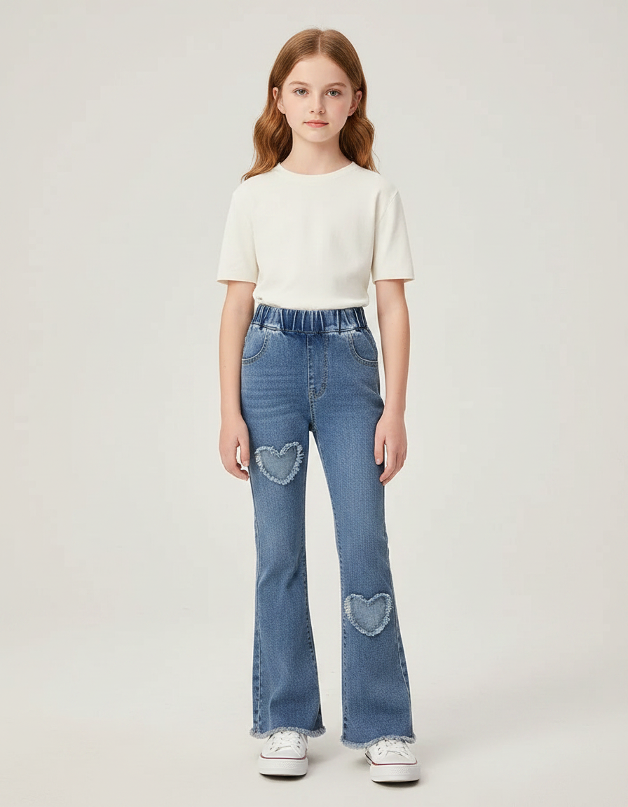 Pantalon Patte D'Éléphant Denim Cœurs Brodés Taille Élastique - Bleu Jean