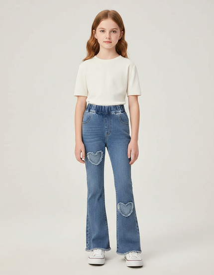 Pantalon Patte D'Éléphant Denim Cœurs Brodés Taille Élastique - Bleu Jean