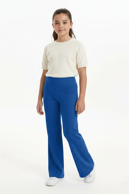 Pantalon Patte D'Éléphant Bleu Uni Évasé Confortable - Maille