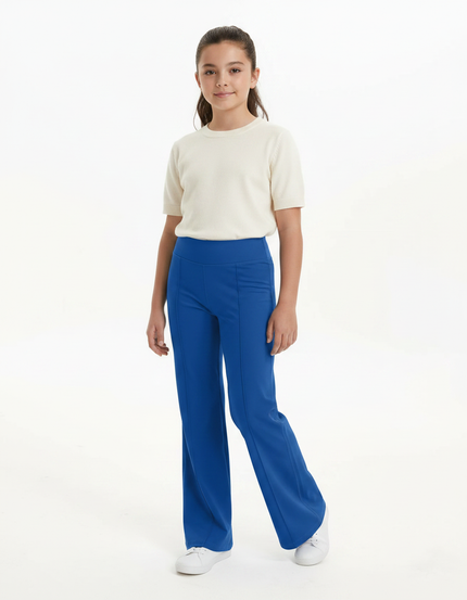 Pantalon Patte D'Éléphant Bleu Uni Évasé Confortable - Maille