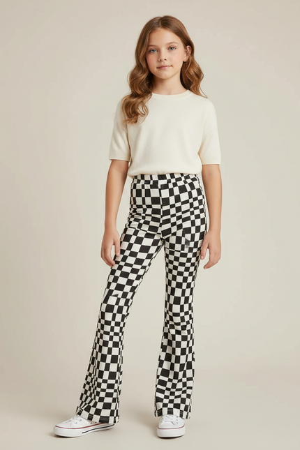 Pantalon Patte D'Éléphant Évasé Carreaux Noir Blanc Fille - Multicolore Maille