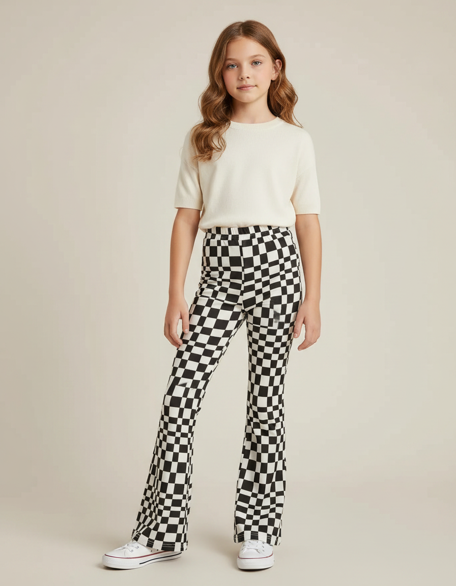 Pantalon Patte D'Éléphant Évasé Carreaux Noir Blanc Fille - Multicolore Maille