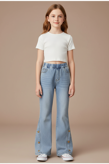 Pantalon Patte D'Éléphant Denim Bleu Clair Évasé Boutons Pression - Jean