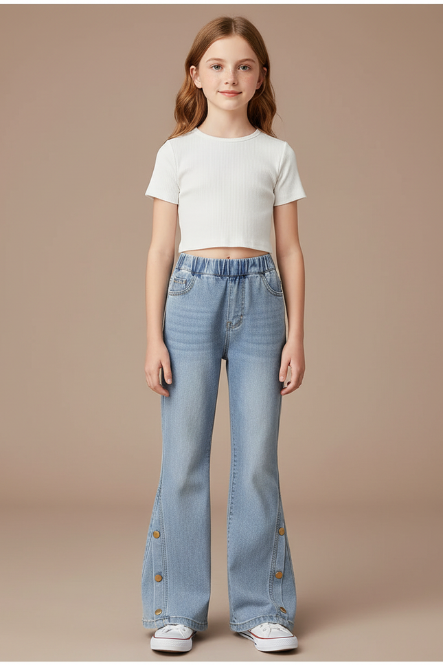 Pantalon Patte D'Éléphant Denim Bleu Clair Évasé Boutons Pression - Jean