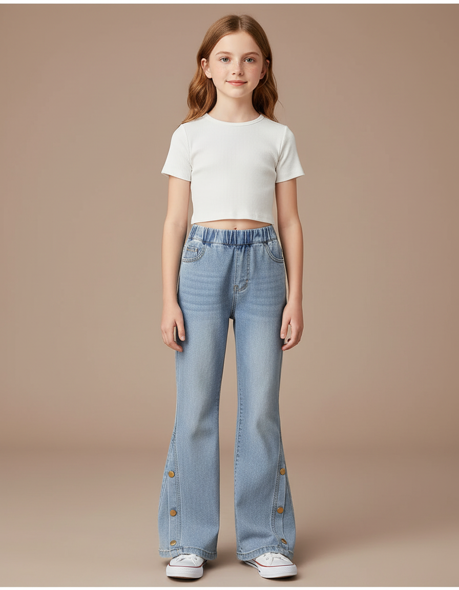 Pantalon Patte D'Éléphant Denim Bleu Clair Évasé Boutons Pression - Jean