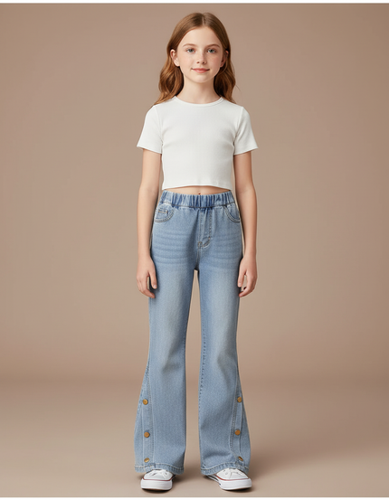 Pantalon Patte D'Éléphant Denim Bleu Clair Évasé Boutons Pression - Jean